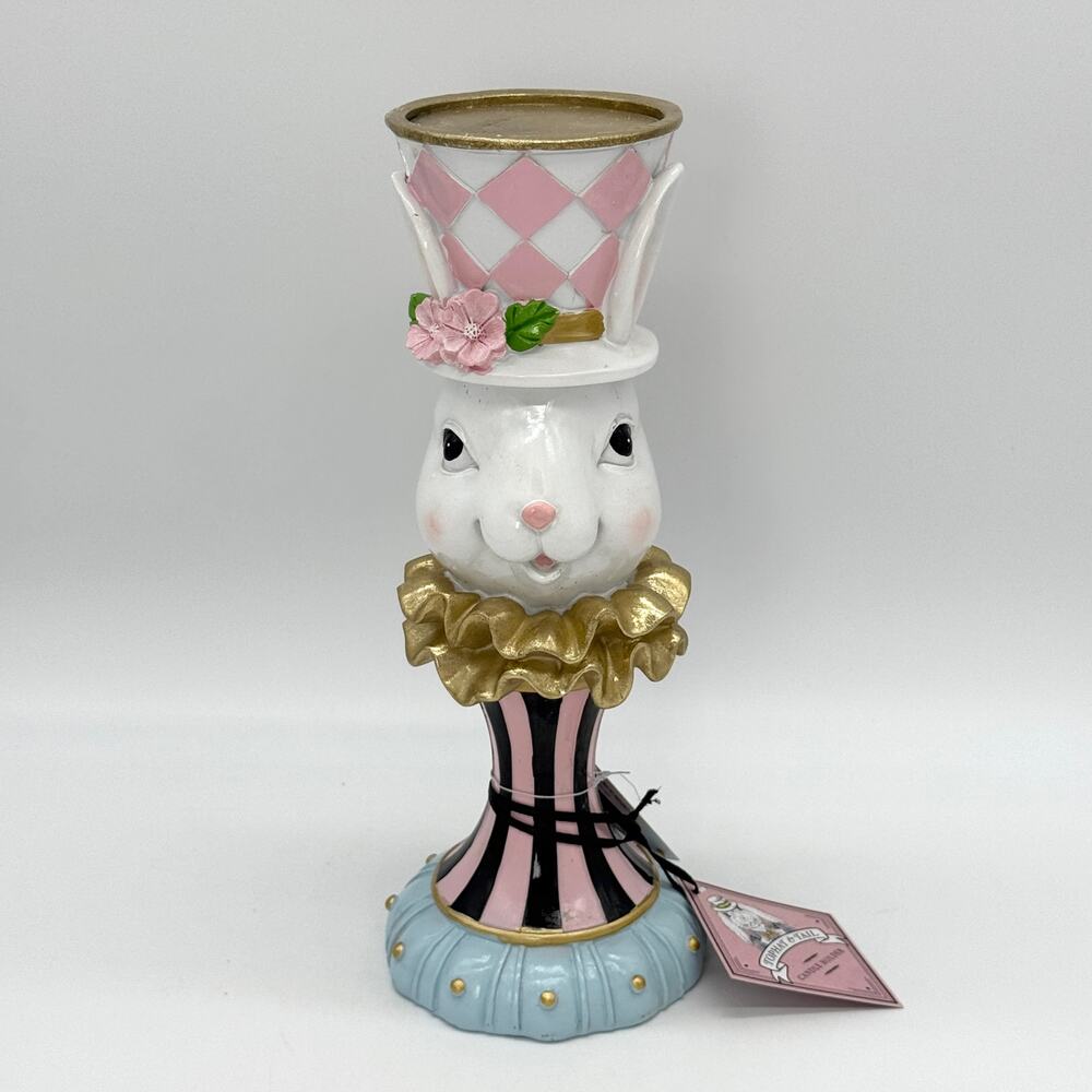 Tophat & Tail Pink Easter Bunny Mad Hatter Pedestal Candle Holder NEW